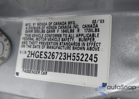 2003 Honda Civic Ex из США, поврежденный, VIN 2HGES26723H552245